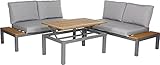 WEBAVITA Gartenlounge mit Eukalyptusholz | Dreiteiliges Aluminium Gartenmöbel Set in anthrazit mit höhenverstellbarem Tisch für Garten, Balkon oder T