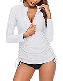 Sheshow Damen Rashguard Sonnenschutz UV Surf Tops Langarm Schwimmshirt Reißverschluss verstellbar - Weiß - M