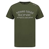 Sonik Squad Tee T-Shirt für Karpfenangler in Grün - Angelshirt Carp Herren - Anglershirt aus 100 % Baumwolle mit Logodruck auf der Vorder-, und Rückseite , Größe:XXL