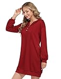 KOJOOIN Hoodies für Frauen Langarm Sweatshirt Knopf Kordelzug Casual V-Ausschnitt Hoodie Kleid, weinrot, X-Larg