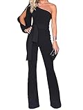 Tomwell Damen Jumpsuit Sommer Elegant Einfarbiger Spitze Schlanker Gürtel Einteiliger Heimoverall Lässigen Lang Jumpsuit Overall Hosenanzug Playsuit Romper (S, A Schwarz)