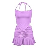 EpicLife Damen-Sommer-Outfits, Neckholder, ärmellos, rückenfrei, einfarbig, Tank-Tops + gerüschter Rock, Set für Strand und Club, 2 Stück, violett, 38