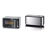 SEVERIN 3-in-1 Mikrowelle mit Grill und Heißluftfunktion, schwarz, MW 7865 & Automatik-Langschlitztoaster, Toaster mit Brötchenaufsatz, Edelstahl-gebürstet/schwarz, AT 2509