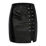 QSSS Lederrock Damen Party Lack Rock mit Schnürung Sexy hohe Taille Bleistiftrock PU-Leder Beiläufig Kurzer Rock Knielänge Bodycon Clubwear Skinny Fit Nachtclub