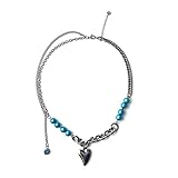 PT-NIUJHG Punk Barock Blau Reflektierende Perlenkette für Frauen Blau Herz Anhänger Chokers Halskette Hochzeit Modeschmuck Schlüsselbein Kette Halskette Schmuck