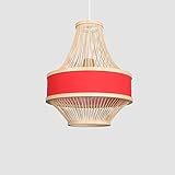 Vintage Bambus Pendelleuchte, Retro Handgewebt Hängelampe, Stoff Rattan Lampenschirm, Höhenverstellbar E27 Rustikale Hängeleuchte, Dekorieren Kronleuchter für Wohnzimmer Café Bar (Φ30*37cm, Rot)