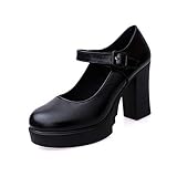 Knöchelhohe Sneaker Damen Leder Pumps Schwarz Blockabsatz Quadratische Zehe Plattform Boots High Heels Vintage Knöchelriemen Elegante Schuhe Frauen Schnallenriemen Runde Zehen S