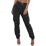 TT- Damen High Waist Cargo Jogger Pants Cargo Hose Jogginghose aus Baumwolle Multi Taschen Laufhose Combat Hose Reißverschluss Military Freizeithose Trainingshose Hosen mit Gürtel (Schwarz, XL)