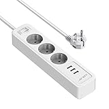JSVER Steckdosenleiste 3 Fach mit 3 USB Ladeanschlüsse, Mehrfachsteckdose Wandmontage(2500W) Steckerleiste Überspannungsschutz mit USB (5V 2,4A,12W) mit 2M Kabel für Smartphones, Laptop, iPAD -Weiß