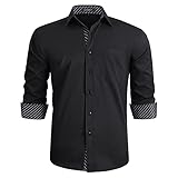 HISDERN Herren Schwarz gestreiftes Hemd Langarm Business Regular Fit Hochzeit Work Party Button-Down-H