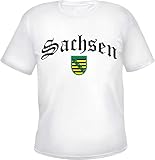 Sachsen Herren T-Shirt - Altdeutsch mit Wappen - Tee Shirt Dresden Leipzig Weiß L