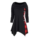 YWLINK Damen Tunika UnregelmäßIg Bluse FüR Frauen Langarm-Tunika Mit Kariertem Rollkragen Wasserfallausschnitt Sweatshirt Schalkragen Pullover Rollkragen Oberteile Kapuzenpullover (C Rot,L)