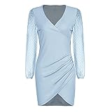 Frauen Casual Enge V-Ausschnitt Langarm Kleider Twist Front Taille Rippstrick Bodycon Kleid Schlitz Kurzes Party Herbstkleid (L,Blau)