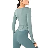 Training Frauen Sport Top Frauen Herbst und Winter Yoga Bluse V-Ausschnitt Langarm Laufen Elastische Daumen Löcher Lose Freizeit Gym T-Shirt Yoga (Color : Immersion Green Shir, Size : L)