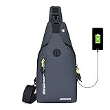 Sling Bag Bag Pack Wasserfest Mehrzweck-Brusttasche Crossbody Schultertasche für Reisen Wandern Tagesrucksack mit USB-Kabel & Ladeanschluss, grau, M