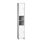Hochschrank aus Holz Badschrank mit 2 Türen 6 Fächern Badezimmerschrank schmaler Schrank für Wohnzimmer Schlafzimmer Bad Flur Grau/weiß 180x30x30