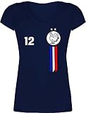 Fussball WM 2022 Fanartikel - 12. Mann Frankreich Emblem - XS - Dunkelblau - Fan - XO1525 - Damen T-Shirt mit V