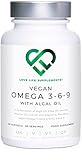 Love Life Supplements - Veganes Omega 3, 6 und 9 mit Algenöl, Olivenöl, Nachtkerzenöl, CLA Öl (Konjugierte Linolsäure) und Vitamin E, 60 Softgelkap