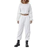 YILEEGOO Damen-T-Shirt und Hose, modisch, einfarbig, langärmelig, Oberteil und Hosenbein, weiß, 42
