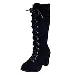 XUNN Damen Römischer Retro-Stil Schnürstiefel mit Dickem Absatz und Mittlerer Röhrenlänge Stiefel Mode Casual Vintage Mittelhohe Stiefel Schnüren Dicke Absätze Schuhe B