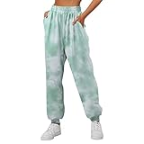 Jogginghose Damen Sweatpants Lang Farbverlauf High Waist Lässige Loose Bequeme Trainingshose mit Taschen Oversize Sporthose Sommerhose Freizeithosen Streetwear Slim Fit Sportwear (Grün, XXL)