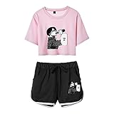 shownicer Japanische Anime Attack On Titan Shorts und Top Sets Zweiteiler Damen Anime AOT Scouting Legion 3D Sommer T-Shirt + Kurze Hose 2 Teile Sport Suit Rosa Schwarz M