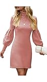 Neitooh Damen Strickkleid Minikleid Rollkragen Kleid Strickkleider für Damen,Hohe Elastizität Pulloverkleid Damen Winter Elegant,Rosa,S