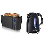 Arendo - Edelstahl Toaster Langschlitz 4 Scheiben - Schwarz Matt & Russell Hobbs Wasserkocher Textures+, 1,7l, 2400W, LED Beleuchtung, Schnellkochfunktion, optimierte Ausgusstülle, schwarz 22591-70