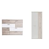 FORTE Skive Kommode mit 2 Türen und 4 Schubkästen, Holzwerkstoff, Sandeiche/Weiß, 124.9 x 41.3 x 95.9 cm & Net106 Mehrzweckschrank mit 2 Türen, Sandeiche + Weiß, 68.90 x 34.79 x 179.1