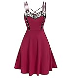 Damen Sexy Sling-Kleid Kurze Rock Cocktail Abendkleider Frauen Elegant Tankkleid A-Linie Faltenrock mit Strap Spitzennähte Partykleider Knielang Plissee Kleid ärmellos Trägerk