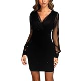 KIMODO Spitzenkleid Partykleid Mesh Festliches Gepunkteter Rock Damenmode Elegant V-Ausschnitt Minikleid A Linie Hohe Taille Netz Kleid Einfarbig Langarm Club Hüftkleid (F-Schwarz, L)