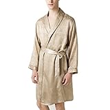 LZJDS Herren Bademantel aus 100% Maulbeerseide Jacquard Langarm Morgenmantel Seide Kimono Robe,Beige,XXL