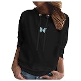 Yuwegr Sweatshirt Damen Ohne Kapuze Langarm Casual Sport Pullover Basic Rundhals Bedrucktes Sweater Sweatshirts(Schwarz,XL)