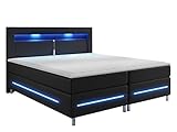 Boxspringbett Amarante, blauer LED-Beleuchtung, Matratzen-Topper und Bonellmatratze im Set Polsterbett Ehebett Bettgestell Bett Doppelbett Amerikanisches Continentalbett (Soft-KM 100, 180 x 200 cm)