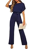 BLENCOT Damen Jumpsuit Elegant Blau Playsuit Lang Weites Bein Hohe Taille Kurzarm Romper Langarm Overalls Suit mit Gürtel Winter Herbst Feder Hose Kurzarm Casual Hosenanzug Tunika Bluse Oberteile S