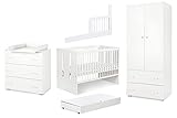 fikimiki24.pl Babyzimmer Kinderzimmer Komplettset Möbel Set - Babybett Gitterbett 60x120 cm mit Schublade und Zusätzliches Geländer, Wickelkommode Komodenschrank, Kleiderschrank 183x80x52 cm - Weiß