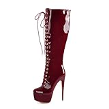 Only maker Damen Stiefel Plateau Kniehoch Schnürstiefel Langschaft mit Stiletto Absatz Reißverschluss Lack Weinrot 40 EU