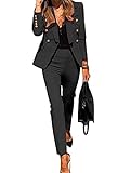 Minetom Damen Zweiteiliger Anzug Set Revers Business Büro Blazer Langarm Anzugjacke Hosenanzug Hose 2 Stück A Schwarz 40
