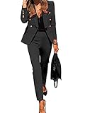 Minetom Damen Zweiteiliger Anzug Set Revers Business Büro Formal Blazer Langarm Anzugjacke Hosenanzug Slim Fit Hose 2 Stück A Schwarz 38