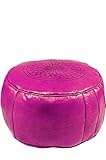 Orientalischer runder Pouf FES Lila aus Leder ø 45cm Rund 30cm Hoch inklusive Füllung | Marokkanisches Sitzkissen Sitzpouf Kissen | Marokkanischer Hocker Sitzhocker Fusshock