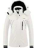 GEMYSE Damen wasserdichte Skijacke Winddichte Fleece Outdoor Winterjacke Regenjacke mit Kapuze (Weiß 01,L)