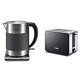 Bosch TWK7S05 kabelloser Wasserkocher, Abschaltautomatik, 1,7 L, 2200 W, schwarz/grau & ster ComfortLine TAT7203, integrierter Edelstahl-Brötchenaufsatz, 1050 W, Edelstahl / schw