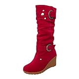 Huaya Keilschuhe Für Damen Frosted Leder Halbhohe Stiefel Damenstiefel Mit Schrägem Absatz Runder Kopf Gürtelschnalle Hohe S