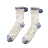 Winter-Damen-Socken mit Farbblock, Thermosocken mit Bommeln, Korallen-Fleece, flauschig, superweich, warm, verdickt, gemütlich, flauschig, mit Fleece-Futter, für Mädchen, blau, O