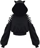 Siyova Sweatshirt mit Kapuze für Damen mit Katzenohren, niedlich, kurz, mit überzogenen Schultern, Punk, schwarz, langärmlig, Top für Herbst und Frühling, Schwarz , XL