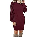 WHSOP Damen Partykleid Mini Kleider Einfarbig Tunika Bodycon Cocktailkleid Spitze Longsleeve Lose Pulloverkleid Casual Winterkleid Frauen Boho Strickkleid Strickk