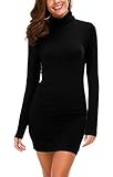 Damen Bodycon Kleid Rollkragen Langarm Basic T-Shirt Kleid (XL, Schwarz)