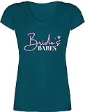 JGA Junggesellenabschied Frauen - Brides Babes rosa/weiß - S - Türkis - Geschenk - XO1525 - Damen T-Shirt mit V