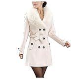 SSLLM Damen Lange Wollmantel Slim Fit Wolljacke Trenchcoat mit Kunstpelz Kragen Wintermantel Übergangsmantel Zweireihiger Elegant Blazer Trenchcoat mit Gürtel Faux Wolle Warm Mantel R