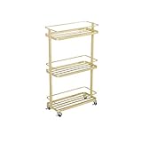 GAXQFEI Foyer Rack 3-Tier-Hochleistungs-Mobilen Küchenwagen, Metallmesh-Roll-Utility-Wagen Mit Griffen Für Büro Schönheitssalon Badezimmer-Engen Raum Für Die Lagerung,Gold,78 * 20 * 47C